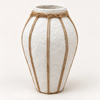 White papier-mache decor vase with rope detailing, 33 cm full front view