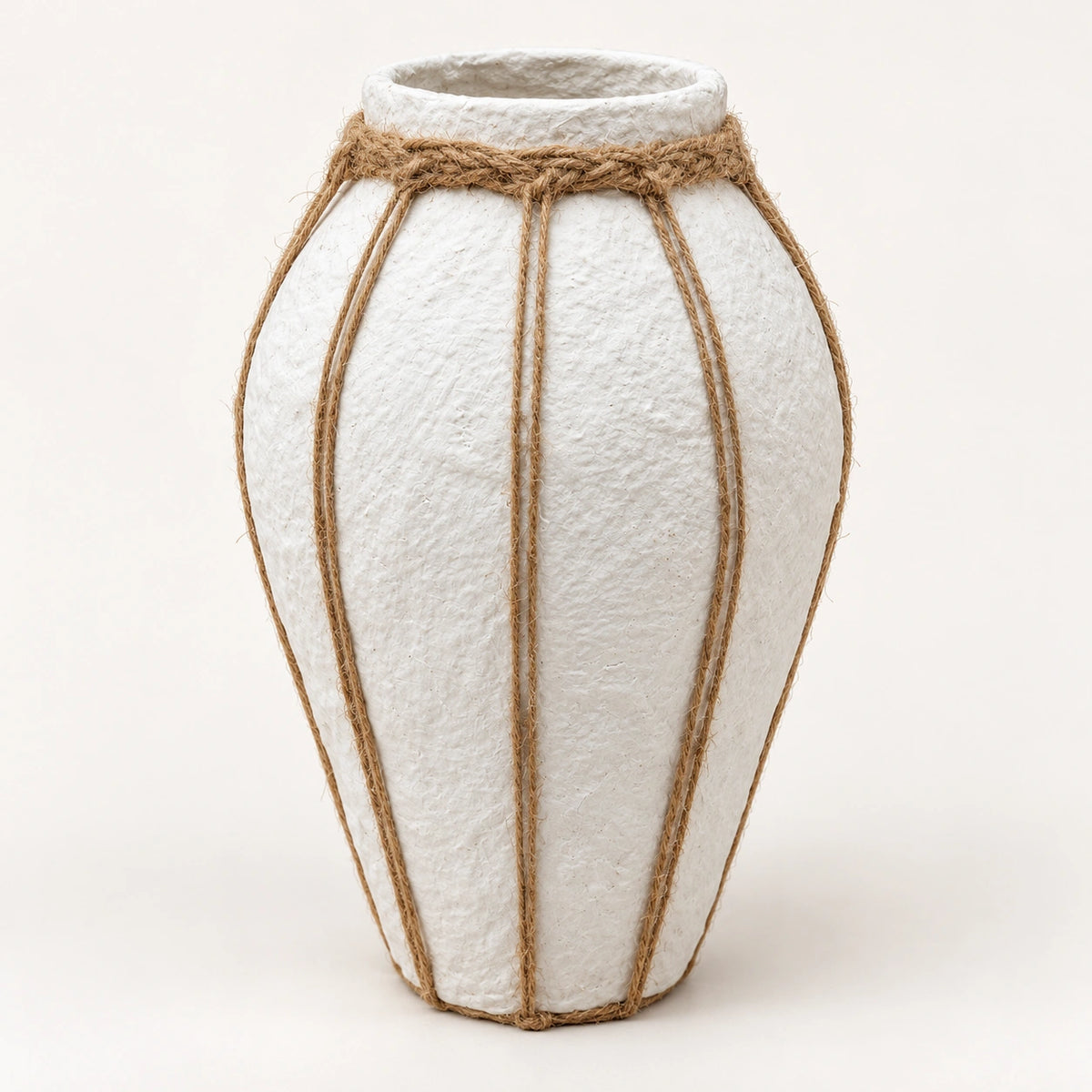 White papier-mache decor vase with rope detailing, 33 cm full front view