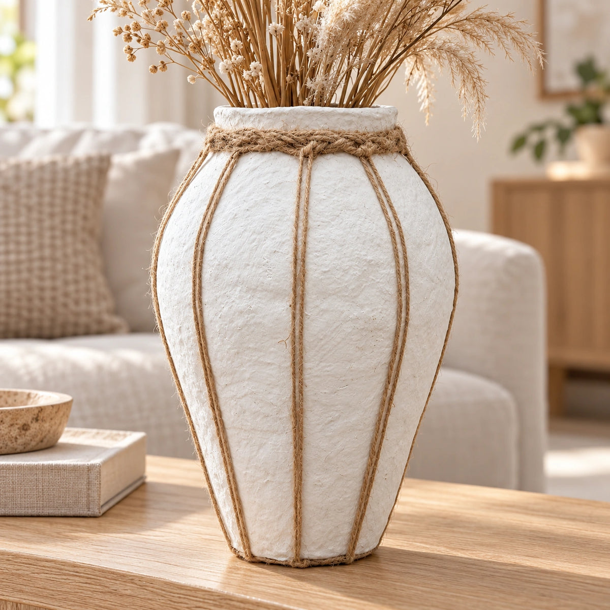 White papier-mache rope detail vase styled with dried stems on oak console