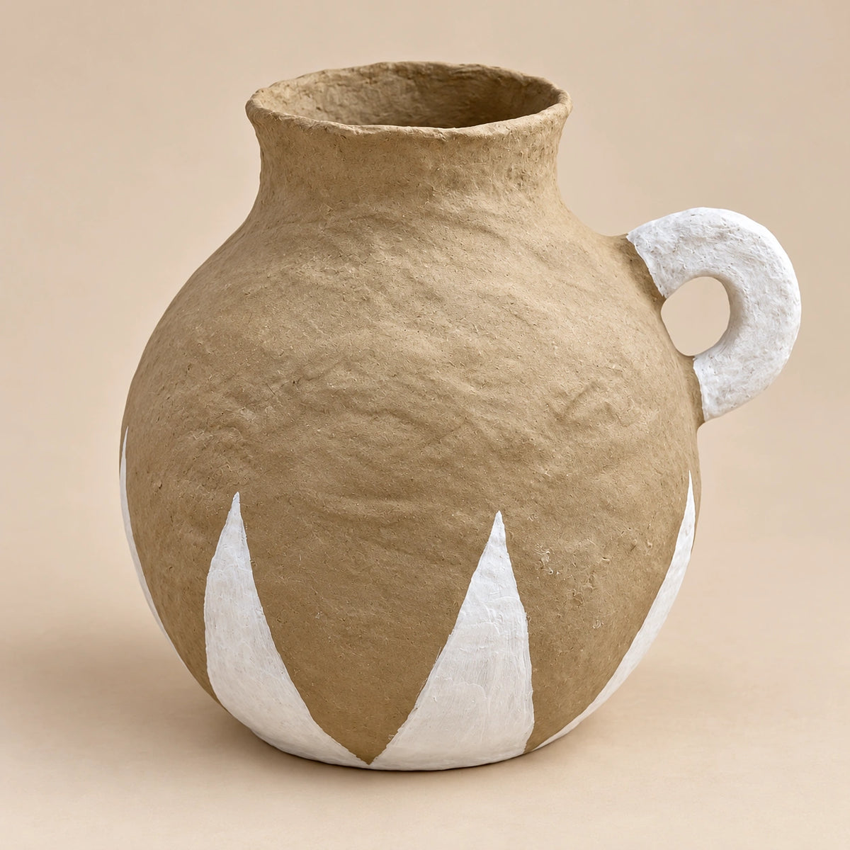Taupe and white papier-mache handled decor vase, 21 cm, full angle view