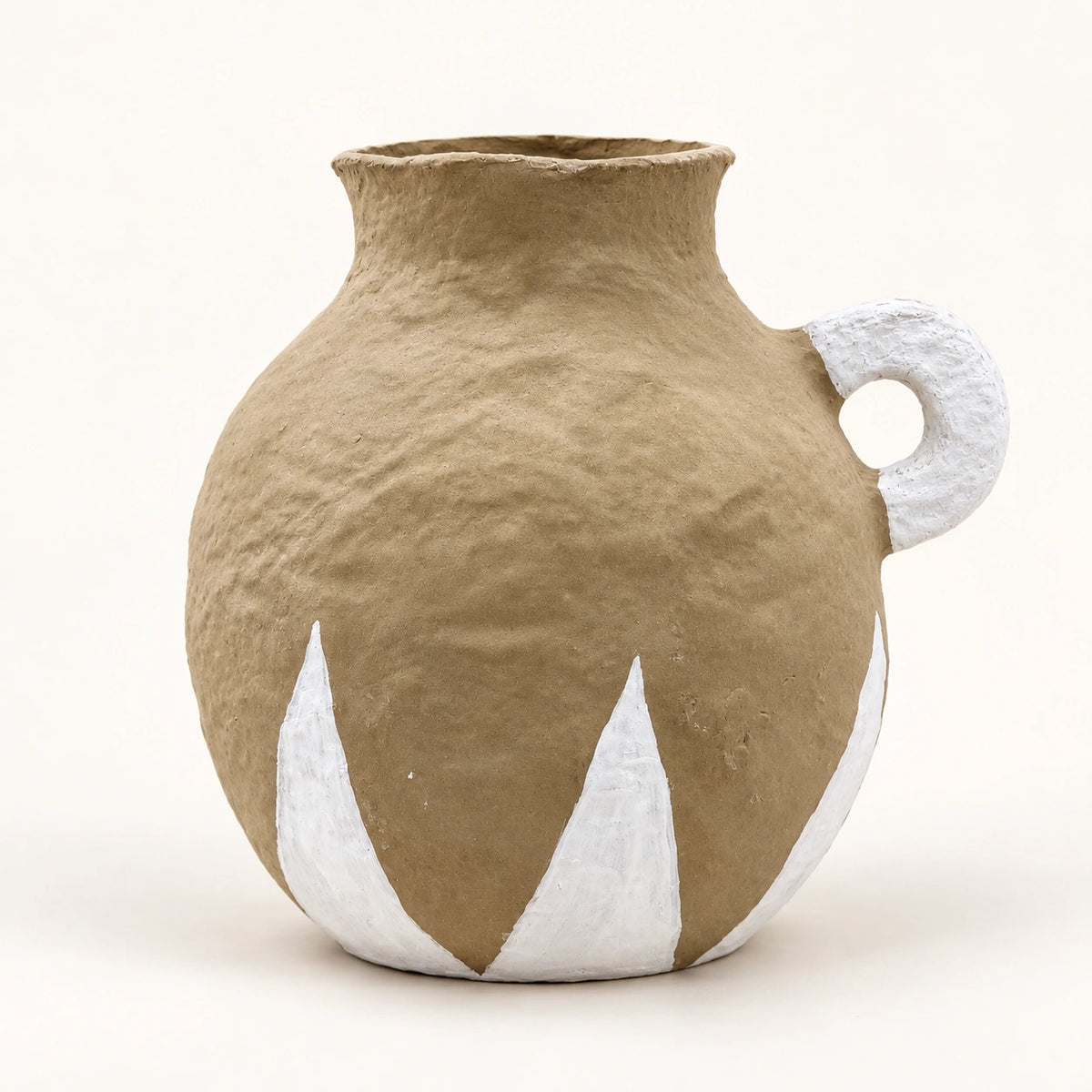 Taupe and white papier-mache handled decor vase, 21 cm, full front view