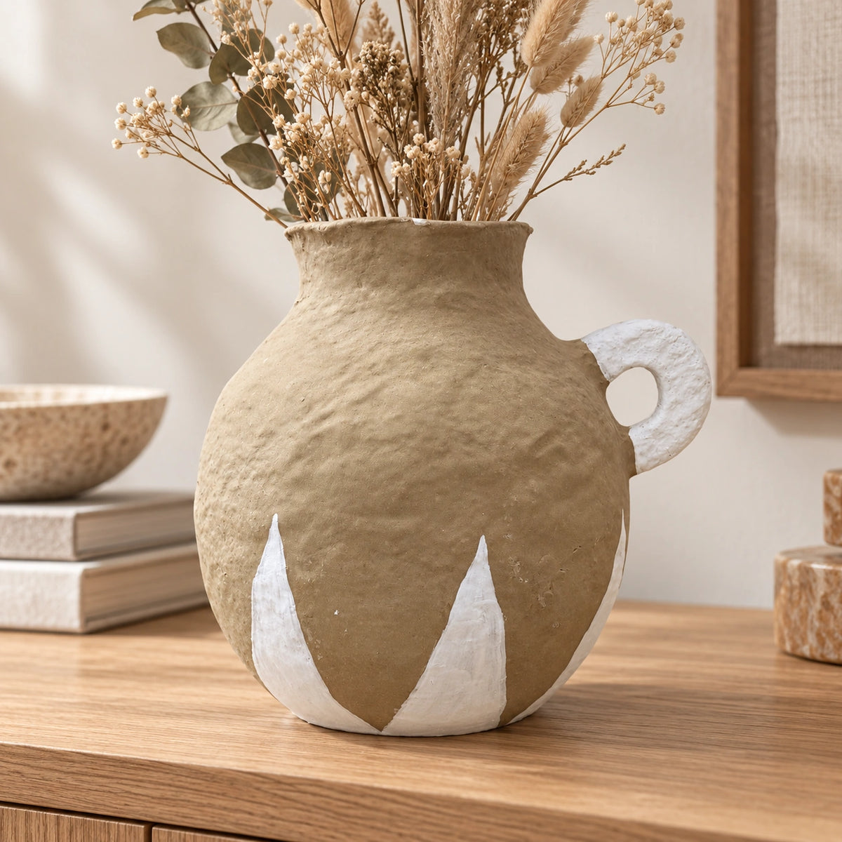 Taupe and white papier-mache handled decor vase, 21 cm, full lifestyle view