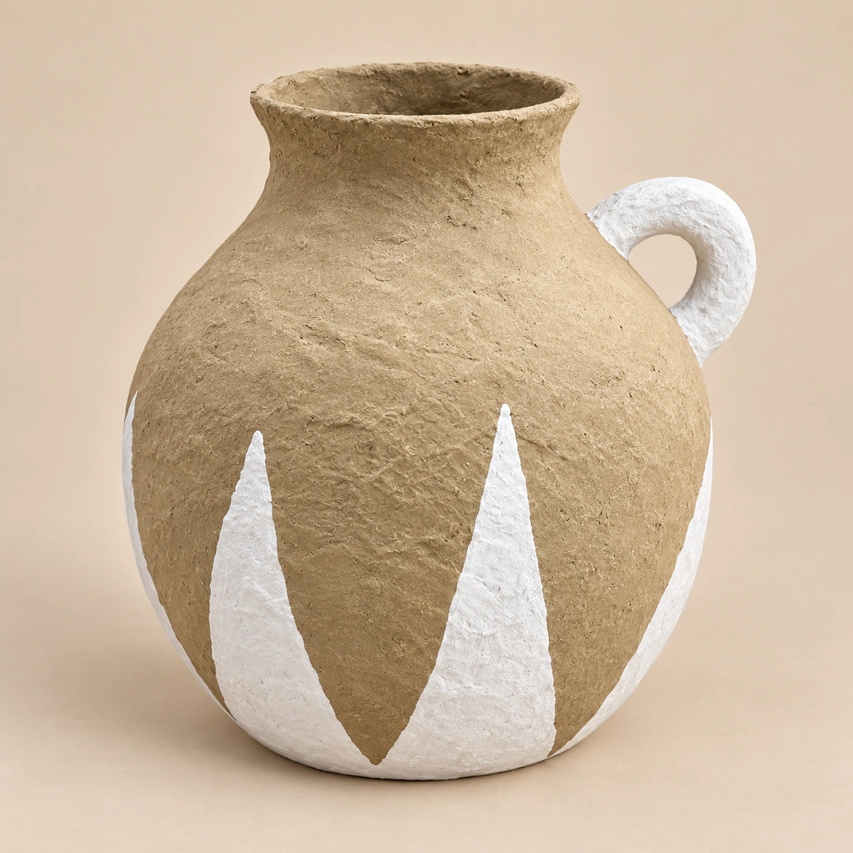 Taupe and white papier-mache handled decor vase, 27 cm, full angle view