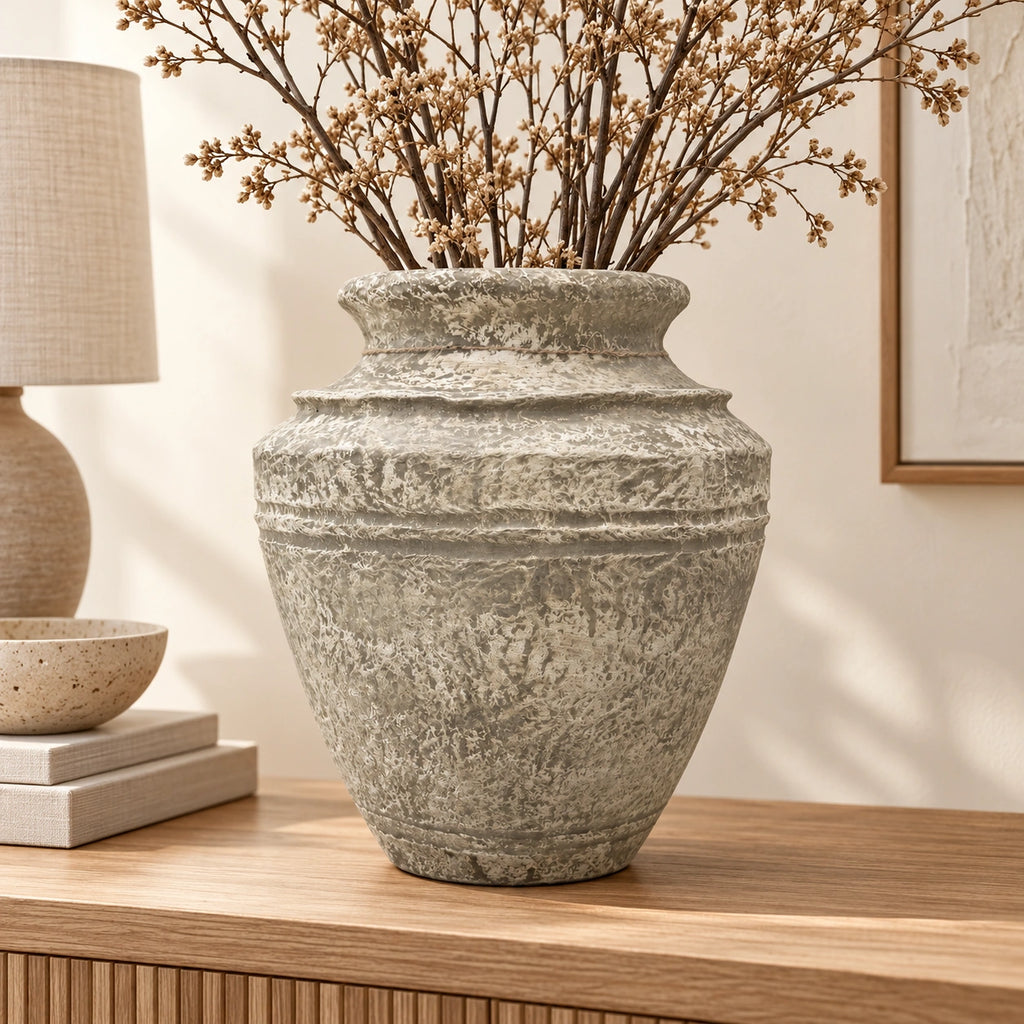 Stone effect papier-mache decor vase, 38 cm, styled with dried branches on oak console