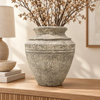 Stone effect papier-mache decor vase, 38 cm, styled with dried branches on oak console