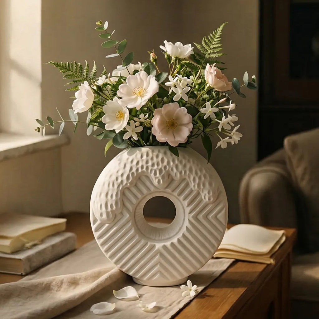 SD391 Ceramic Flower Vase Textured Hollow Round Decorative Vase 26 cm
