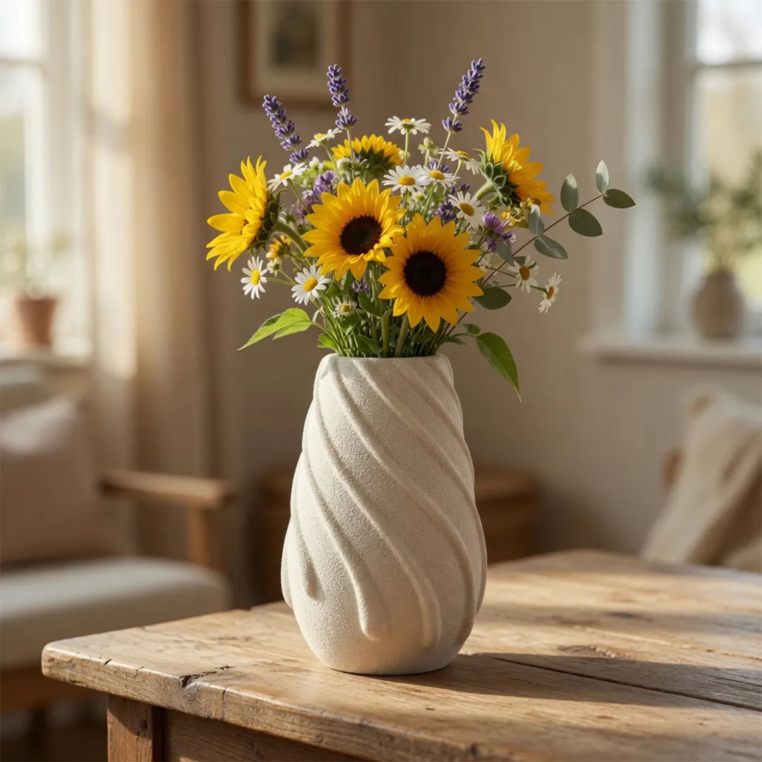 SD640 Textured Swirl Ceramic Flower Vase Ivory 22cm