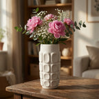 SD781 Textured Square Pattern Ceramic Flower Vase Ivory 25cm