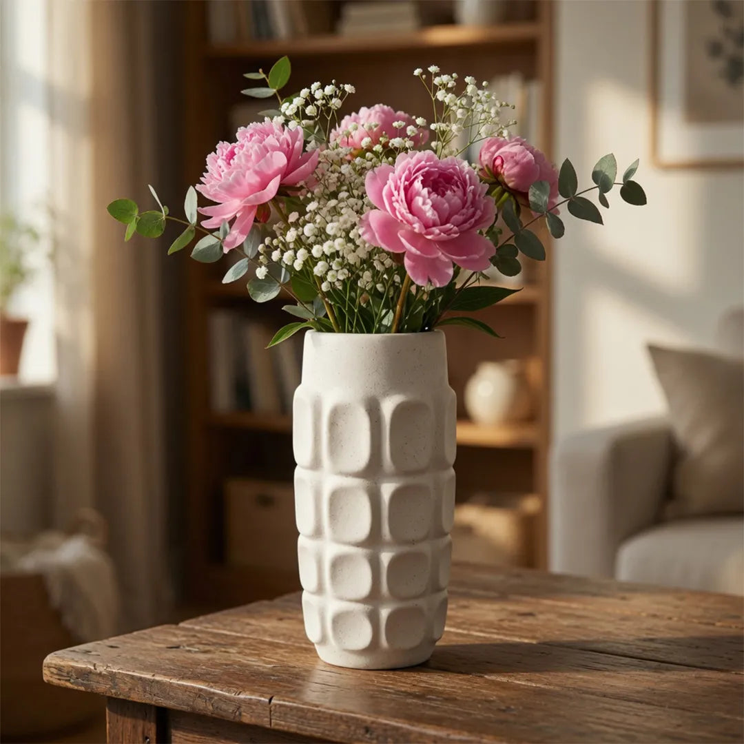 SD781 Textured Square Pattern Ceramic Flower Vase Ivory 25cm