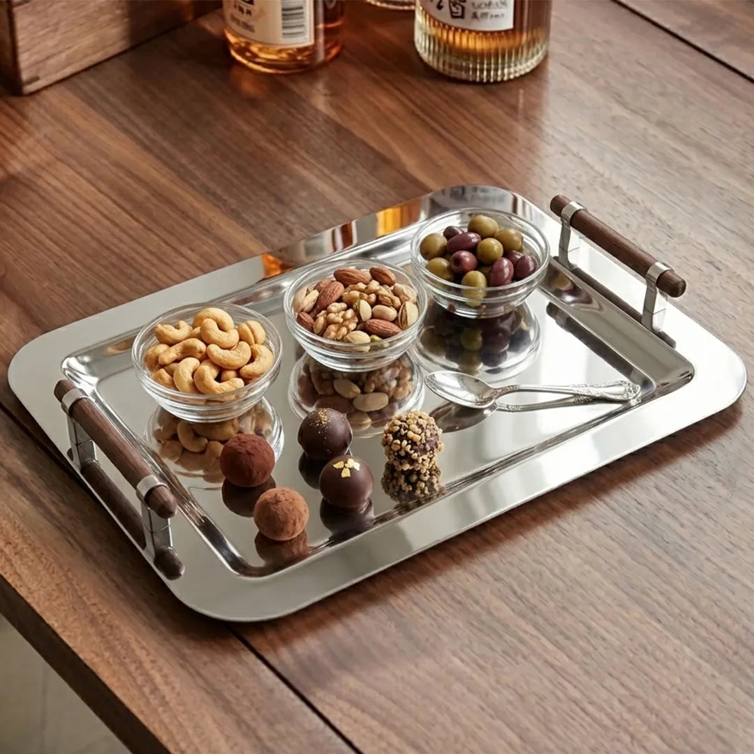 SI3191 / SI5330 Rectangular Metal Serving Tray with Wooden Handles 45 cm