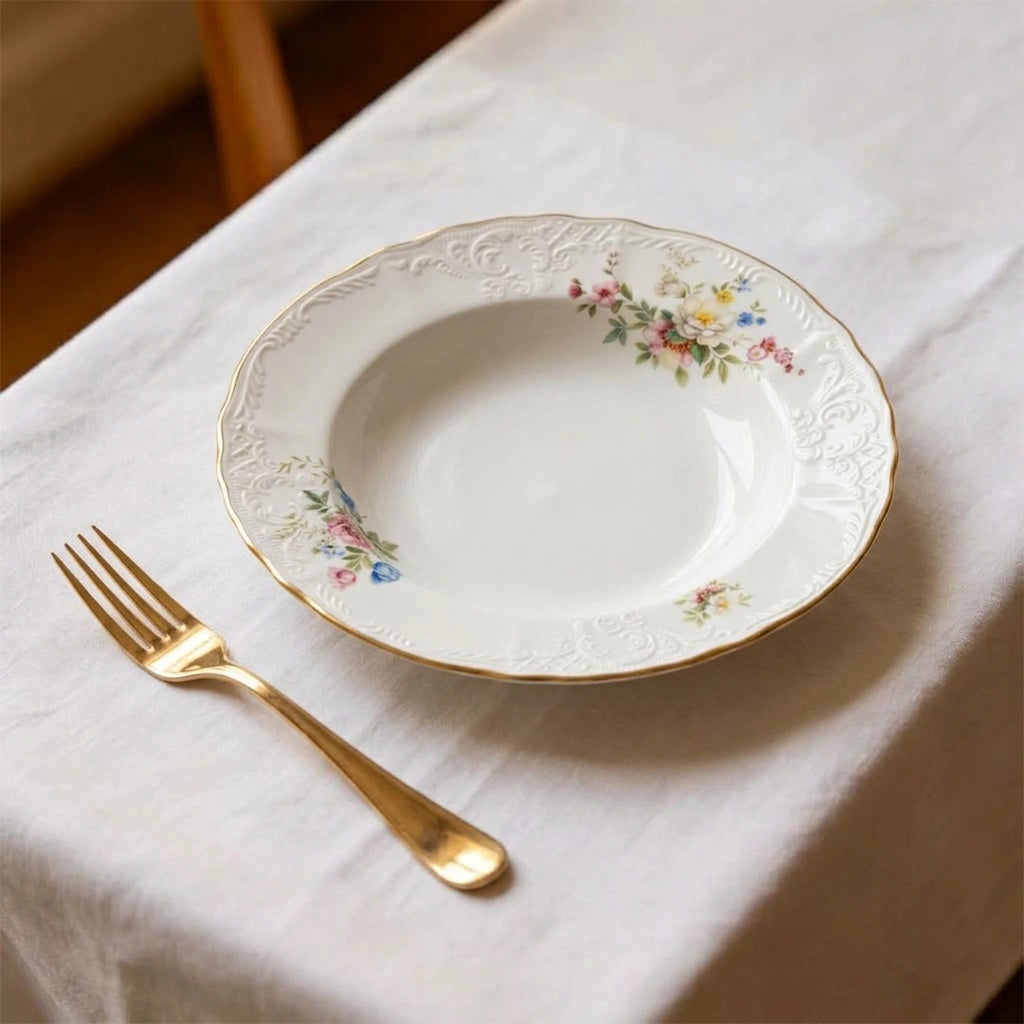 SR-004 Classic Garden Floral Soup Plate with Gold Rim – 9"