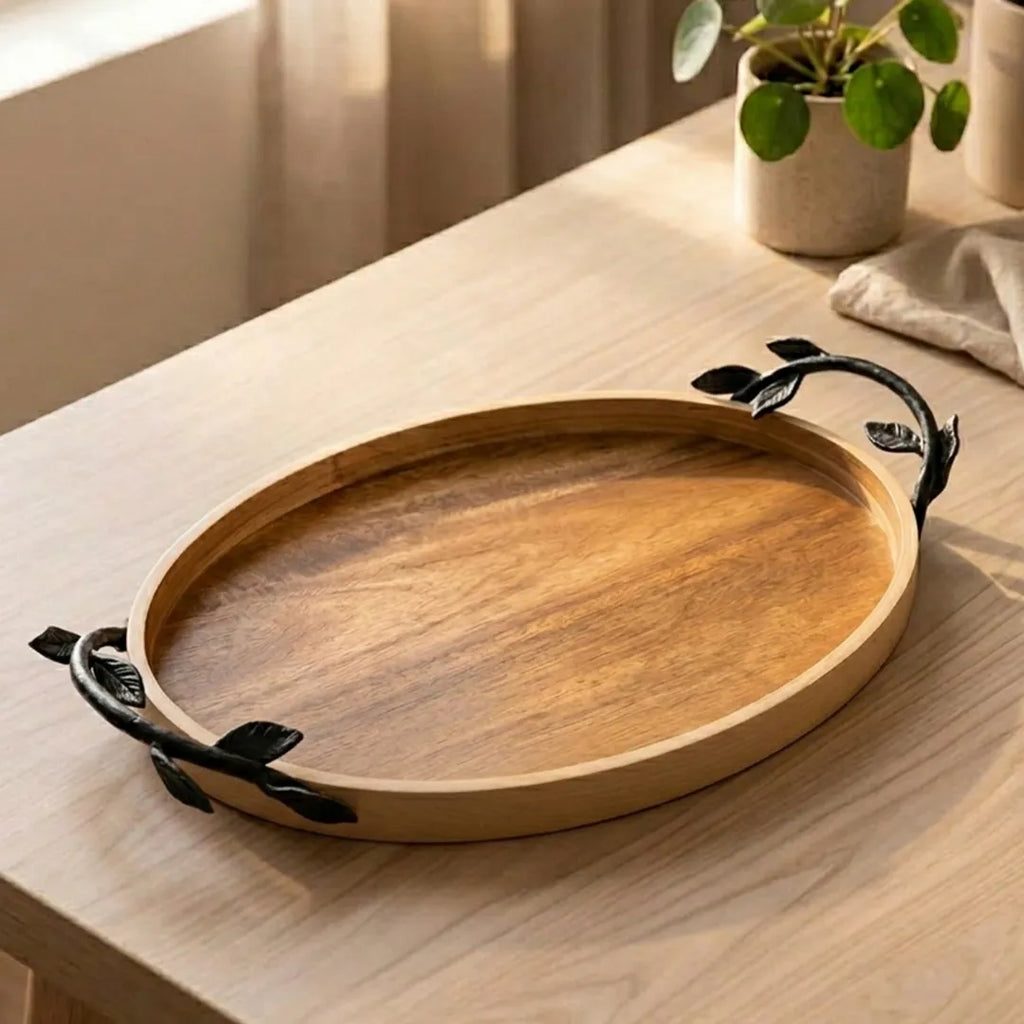 T25B0114 Luhpar Wooden Oval Tray 40 cm with Leaf Handles