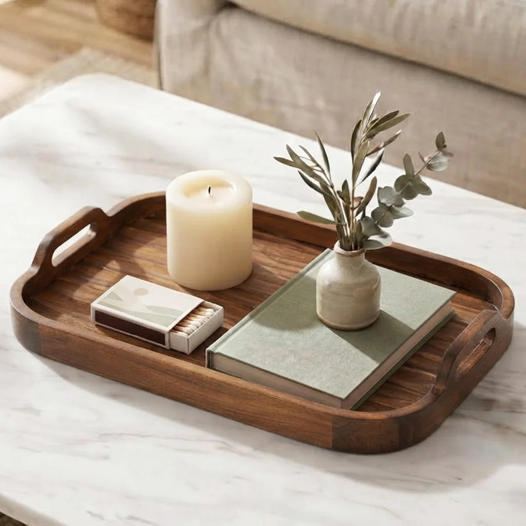 T26B0006  Luhpar Textured Wooden Serving Tray with Raised Handles – Small & Large [40 × 27 cm / 45 × 30 cm]