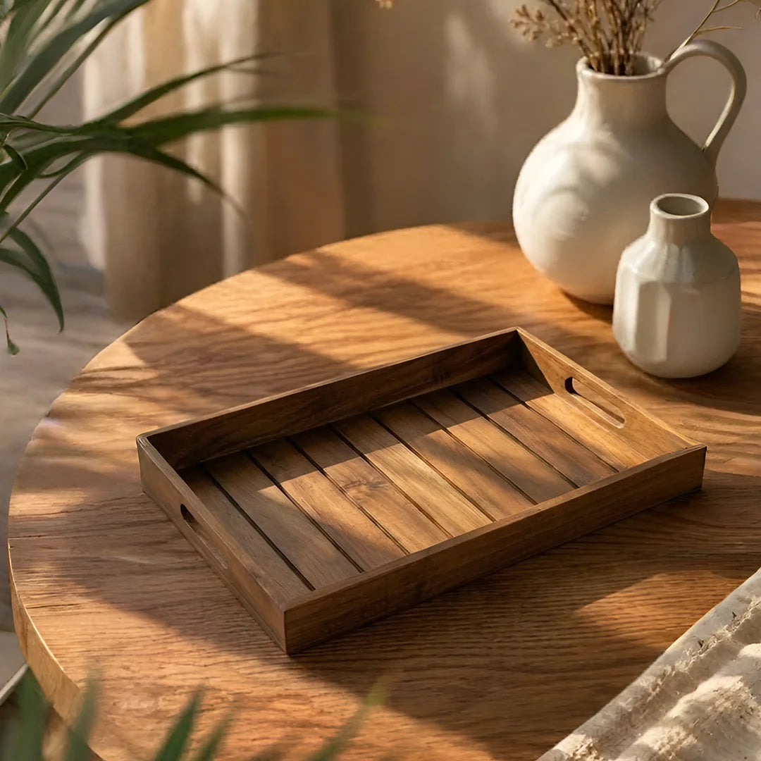 T26B6007-XDS Luhpar Slatted Wooden Serving Tray with Cutout Handles – Small & Large [45 × 27 cm / 50 × 33 cm]