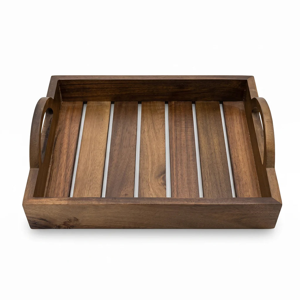 T26B6009-XDS Luhpar Slatted Wooden Serving Tray with Raised Arch Handles – Small & Large [33 × 26 cm / 40 × 30 cm]