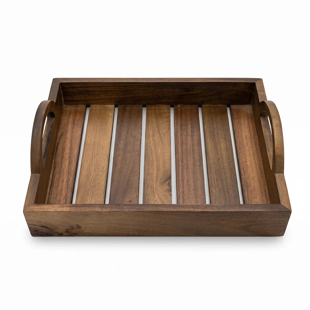 T26B6009-XDS Luhpar Slatted Wooden Serving Tray with Raised Arch Handles – Small & Large [33 × 26 cm / 40 × 30 cm]