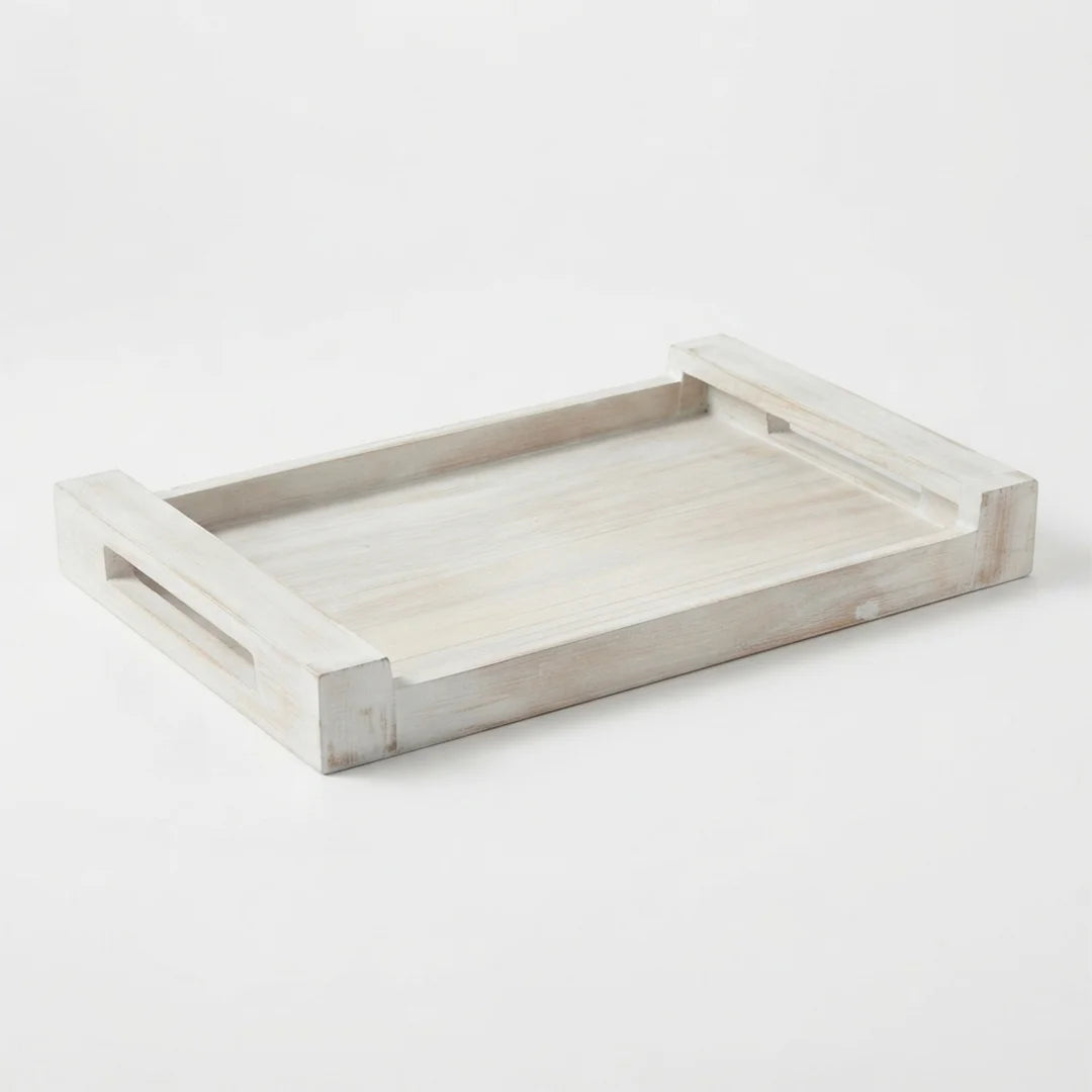 T26B6021 Luhpar Whitewashed Rectangular Wooden Serving Tray with Handles – Small & Large [40 × 26 cm / 48 × 30 cm]
