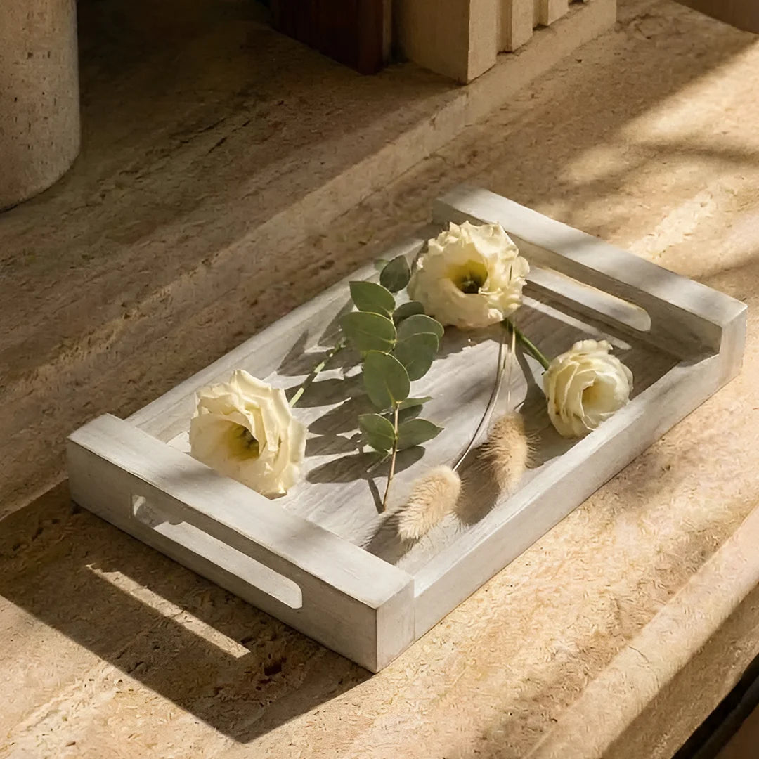 T26B6021 Luhpar Whitewashed Rectangular Wooden Serving Tray with Handles – Small & Large [40 × 26 cm / 48 × 30 cm]
