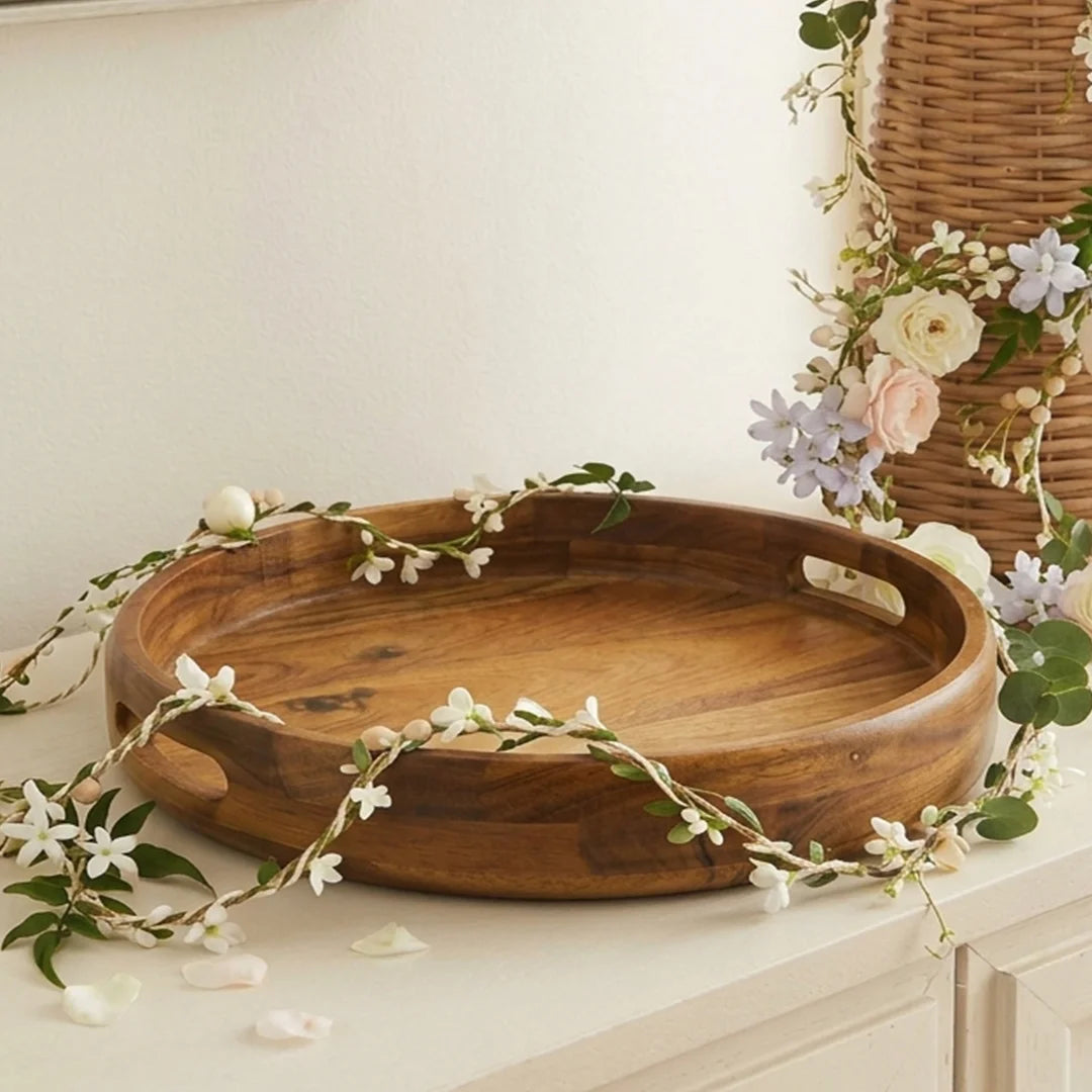 T26B6026-XBY Luhpar Round Wooden Serving Tray with Cutout Handles – Small & Large [32 cm / 42 cm]