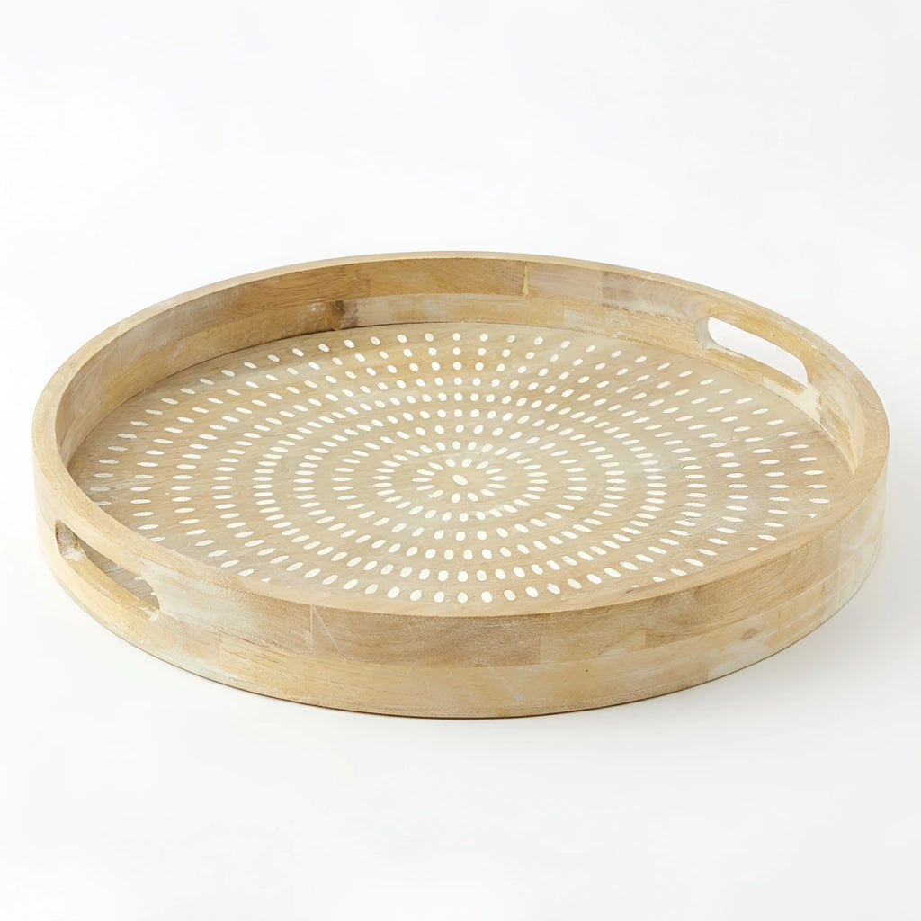 T26B6033-XBY Luhpar Round Wooden Serving Tray with White Pattern – Small (40 cm) & Large (45 cm)