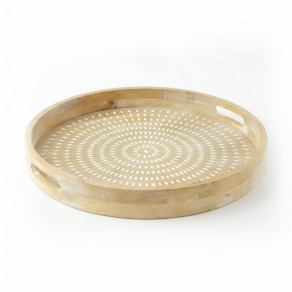 T26B6033-XBY Luhpar Round Wooden Serving Tray with White Pattern – Small (40 cm) & Large (45 cm)