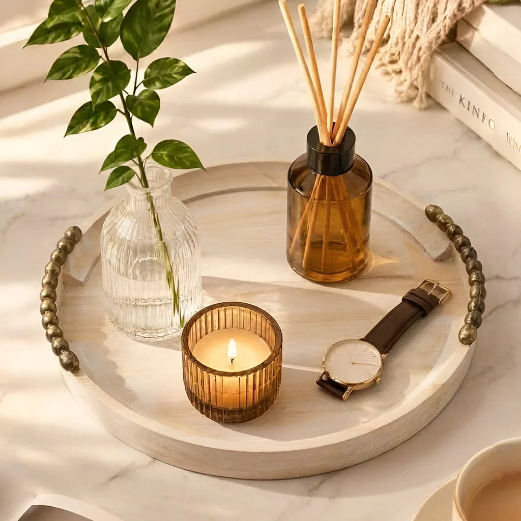 T26B6054-XH Luhpar Round Wooden Serving Tray with Antique Gold Beaded Handles – Small & Large [30 cm / 40 cm]