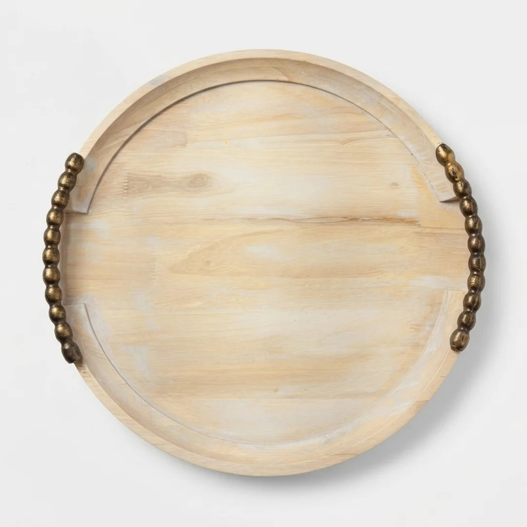 T26B6054-XH Luhpar Round Wooden Serving Tray with Antique Gold Beaded Handles – Small & Large [30 cm / 40 cm]