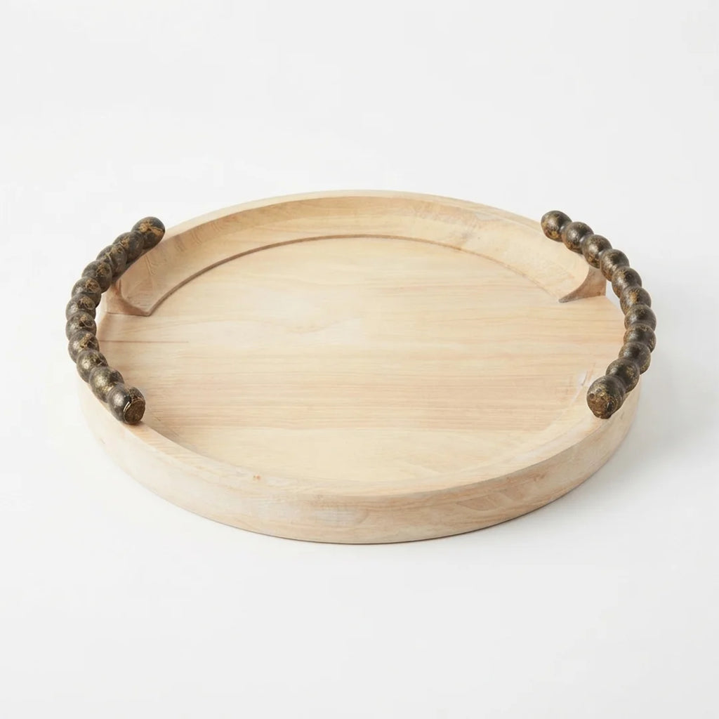 T26B6054-XH Luhpar Round Wooden Serving Tray with Antique Gold Beaded Handles – Small & Large [30 cm / 40 cm]
