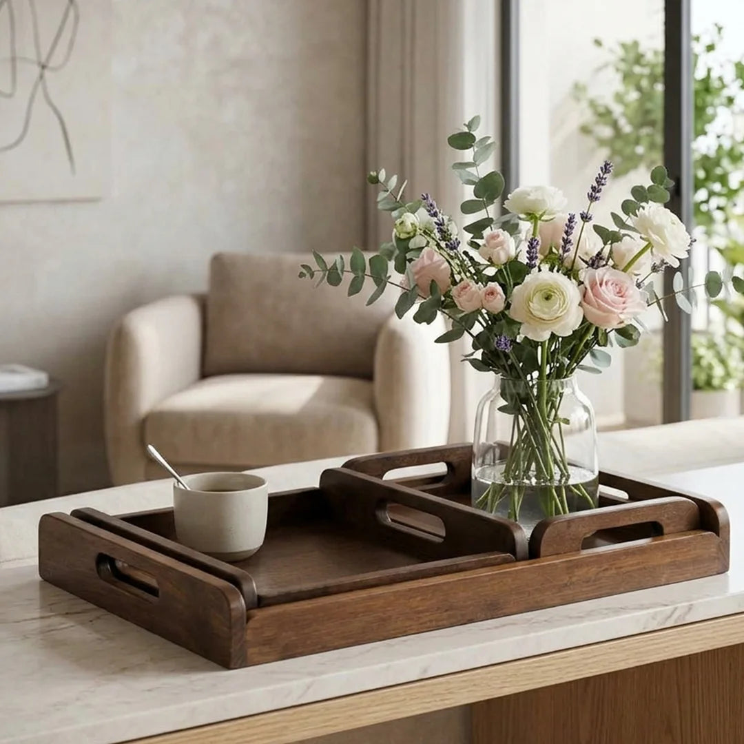 T26B6056 Luhpar Nested Wooden Serving Tray Set with Cutout Handles [43 × 28 cm]