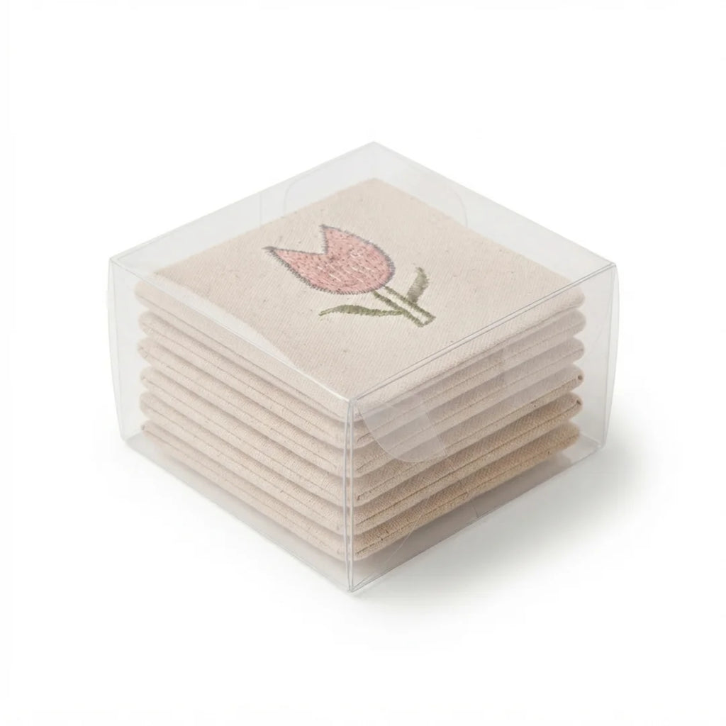 Artisanal Tulip Embroidered Coasters – Set of 6, 10 × 10 cm