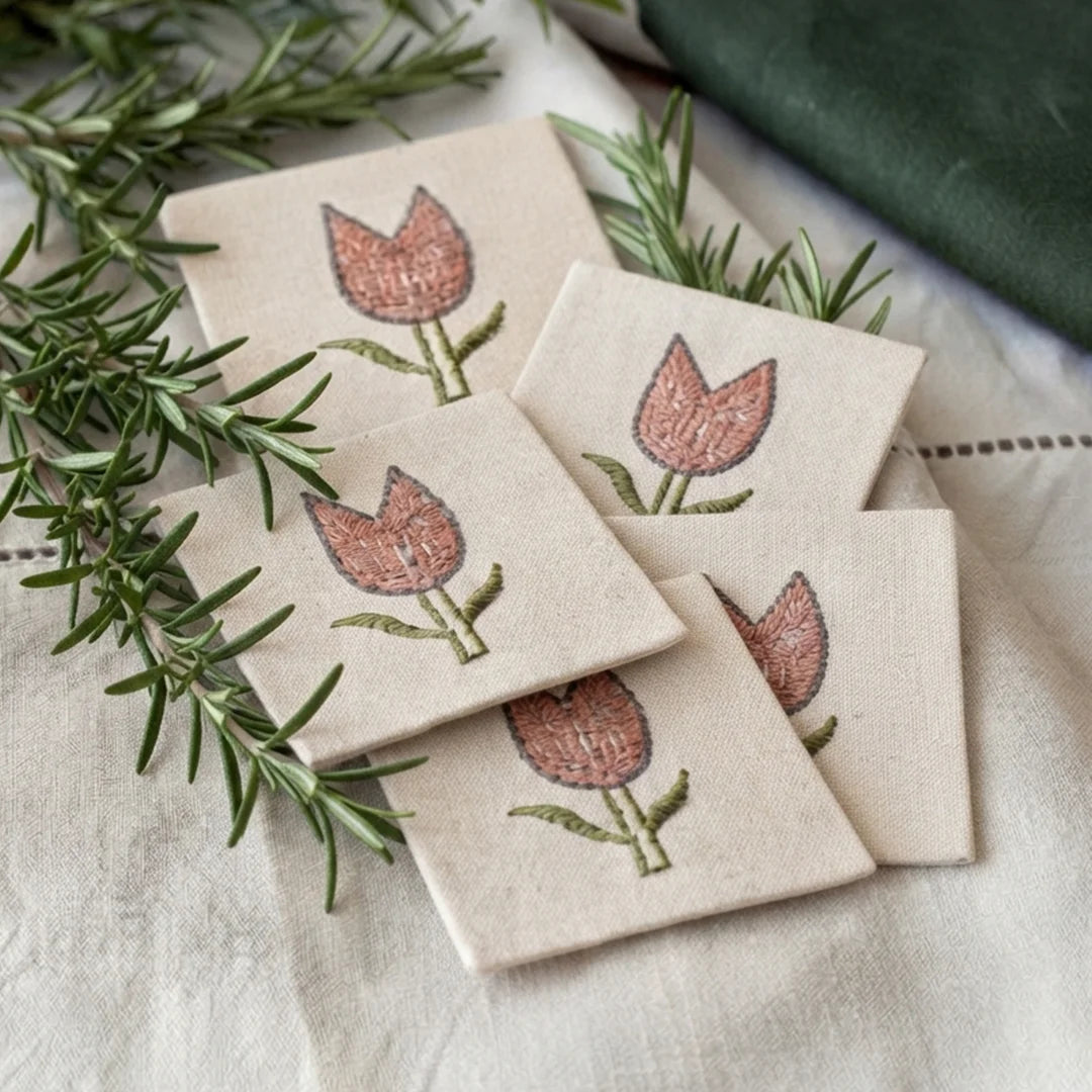 Artisanal Tulip Embroidered Coasters – Set of 6, 10 × 10 cm