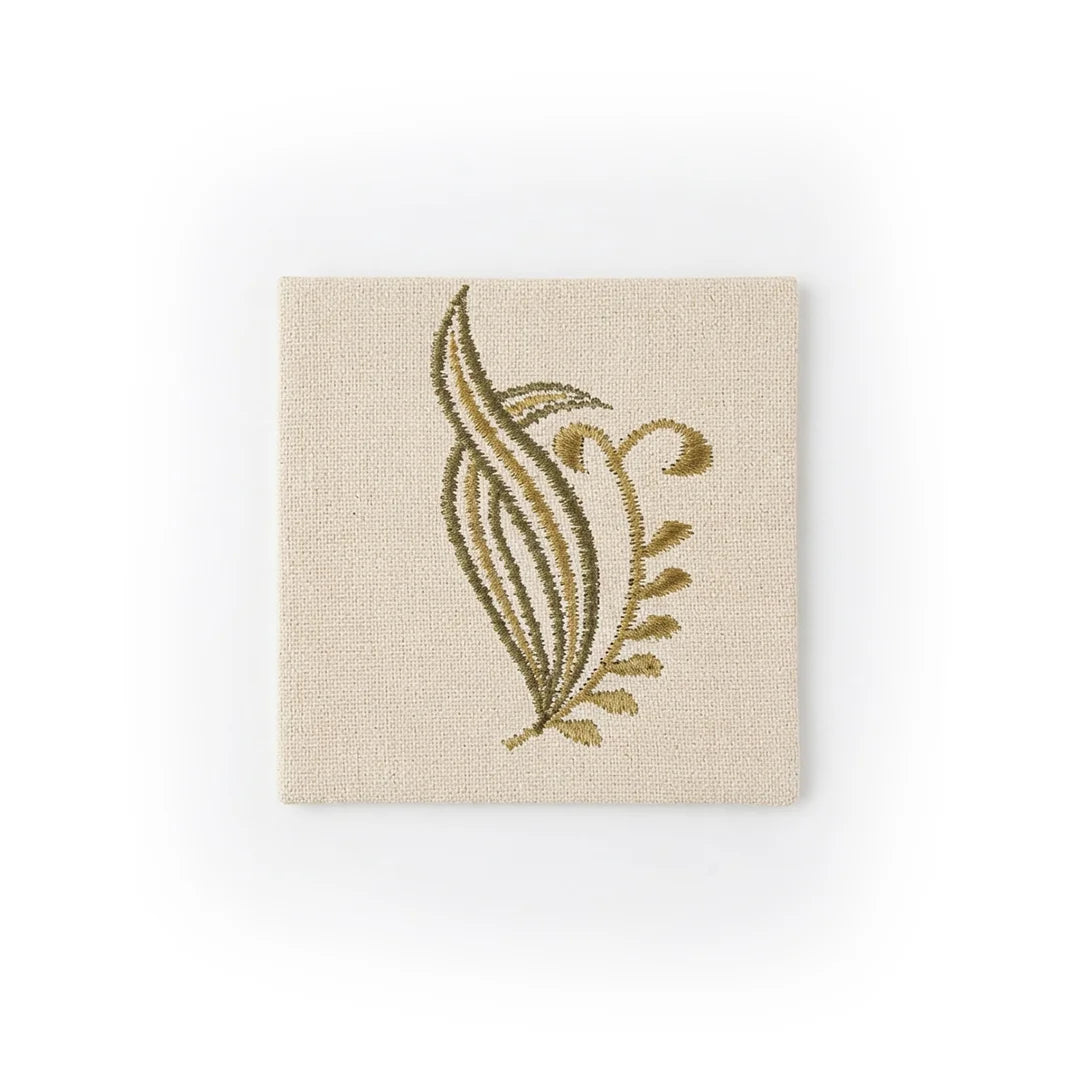 Artisanal Olive Leaf Embroidered Coasters – Set of 6, 10 × 10 cm