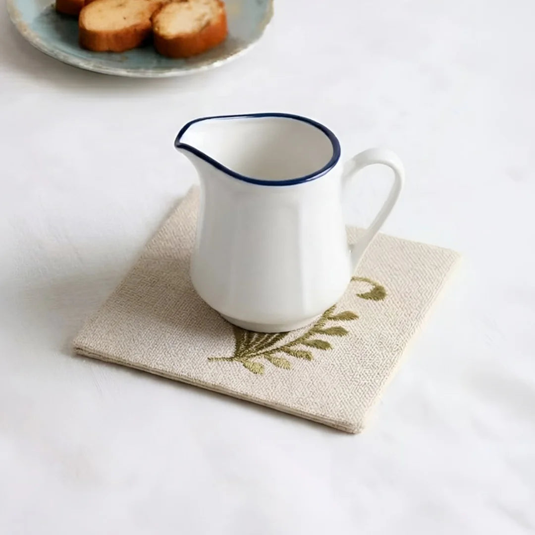Artisanal Olive Leaf Embroidered Coasters – Set of 6, 10 × 10 cm