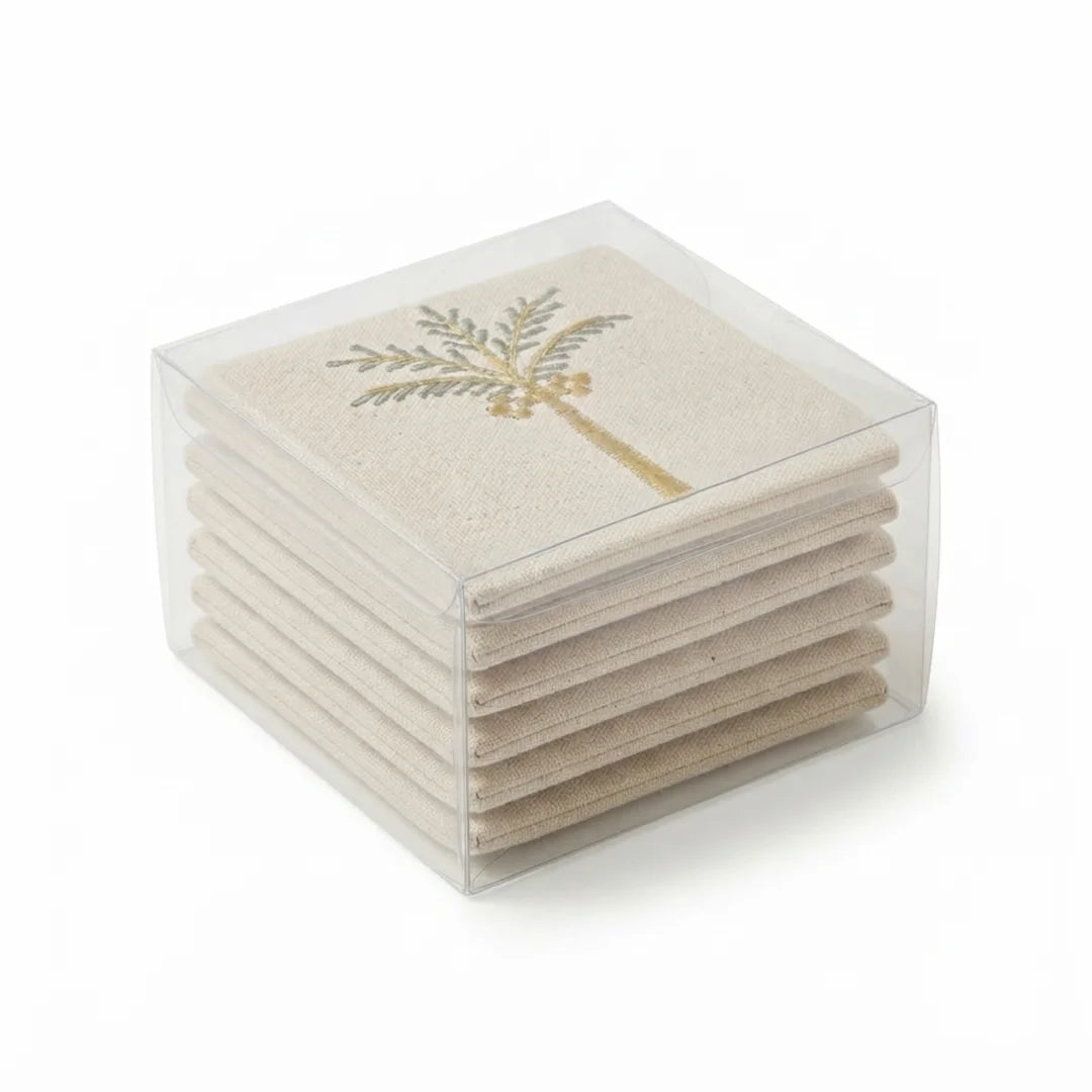 Artisanal Palm Tree Embroidered Coasters – Set of 6, 10 × 10 cm