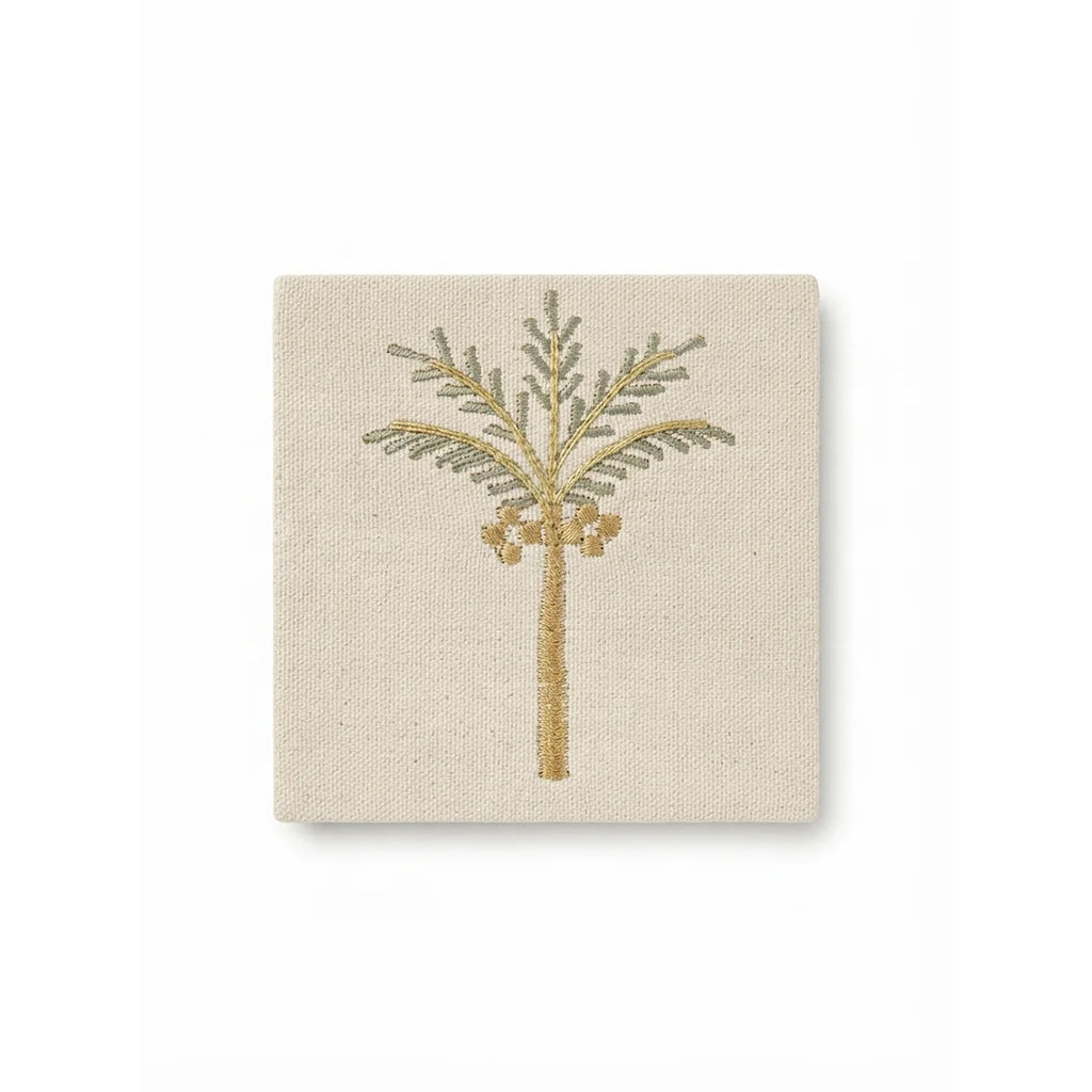 Artisanal Palm Tree Embroidered Coasters – Set of 6, 10 × 10 cm