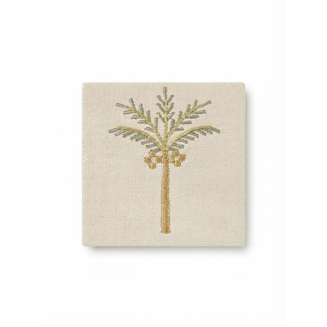 Artisanal Palm Tree Embroidered Coasters – Set of 6, 10 × 10 cm