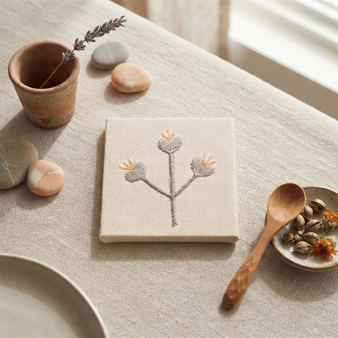 Artisanal Botanical Embroidered Coasters – Set of 6, 10 × 10 cm