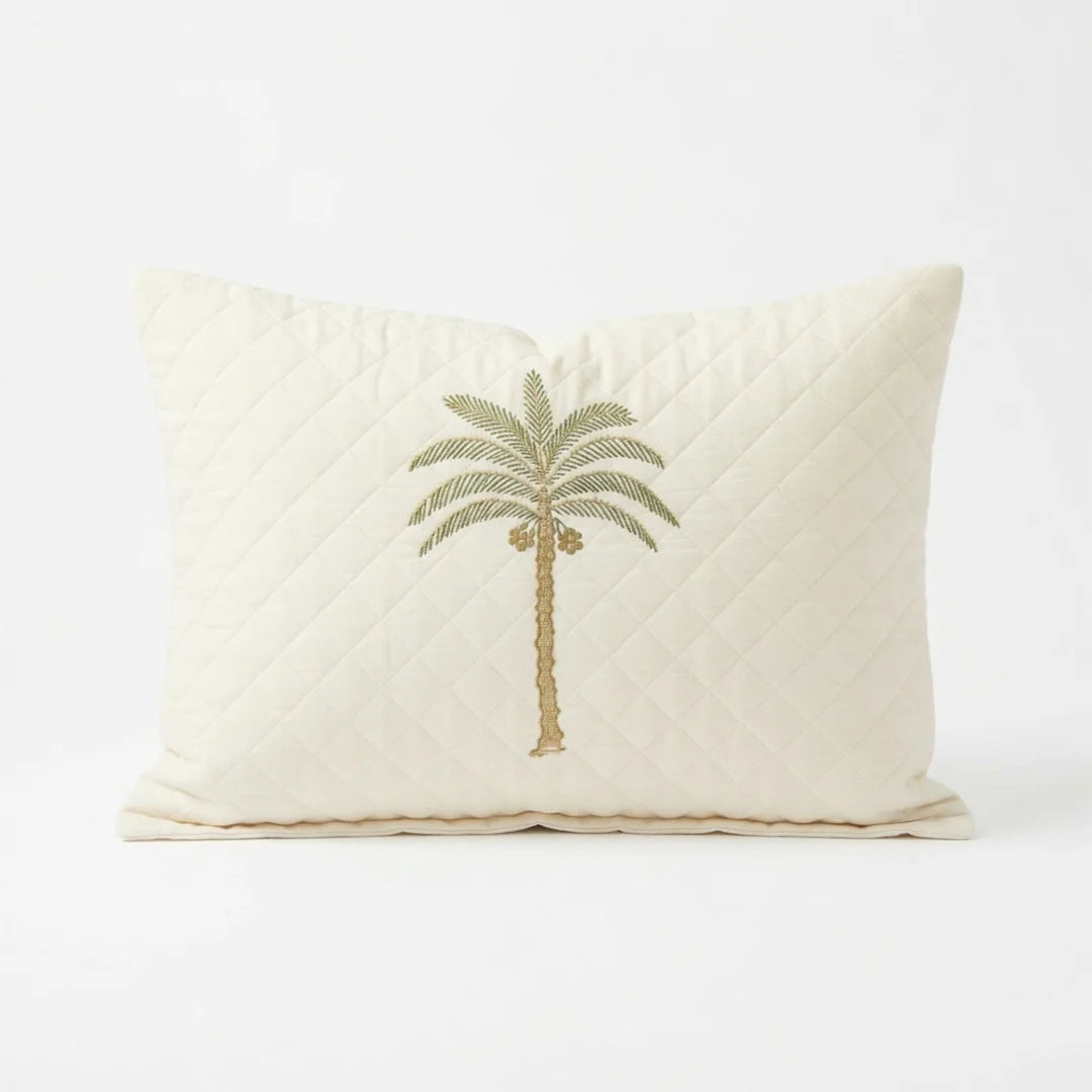 Artisanal Palm Tree Embroidered Cushion Cover – 50 × 35 cm