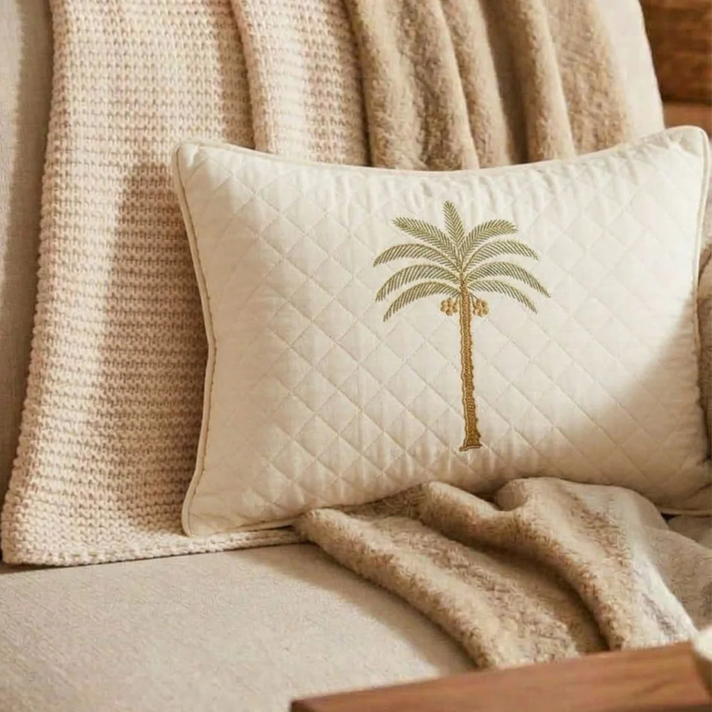 Artisanal Palm Tree Embroidered Cushion Cover – 50 × 35 cm