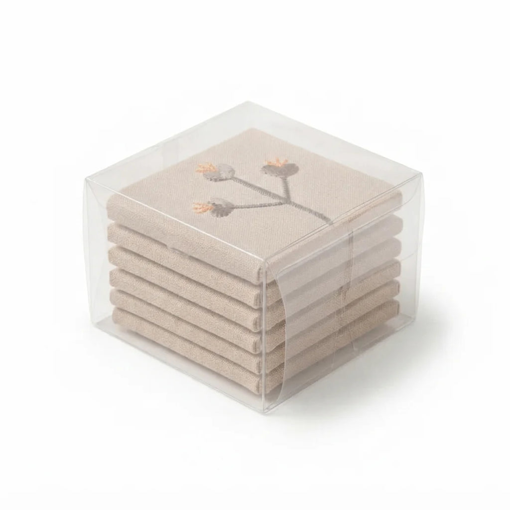 Artisanal Botanical Embroidered Coasters – Set of 6, 10 × 10 cm