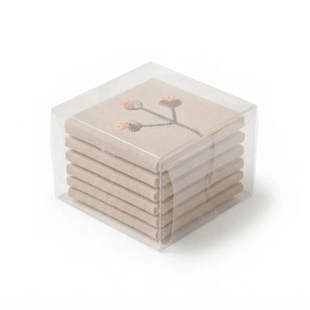 Artisanal Botanical Embroidered Coasters – Set of 6, 10 × 10 cm
