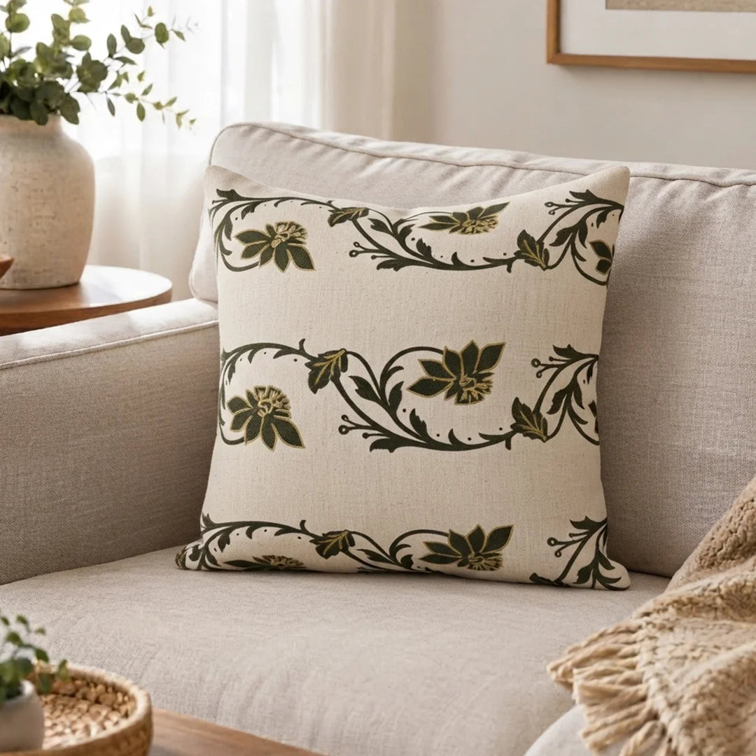 TR CUS 001 Artisanal Floral Vine Embroidered Cushion Cover – 43 × 43 cm