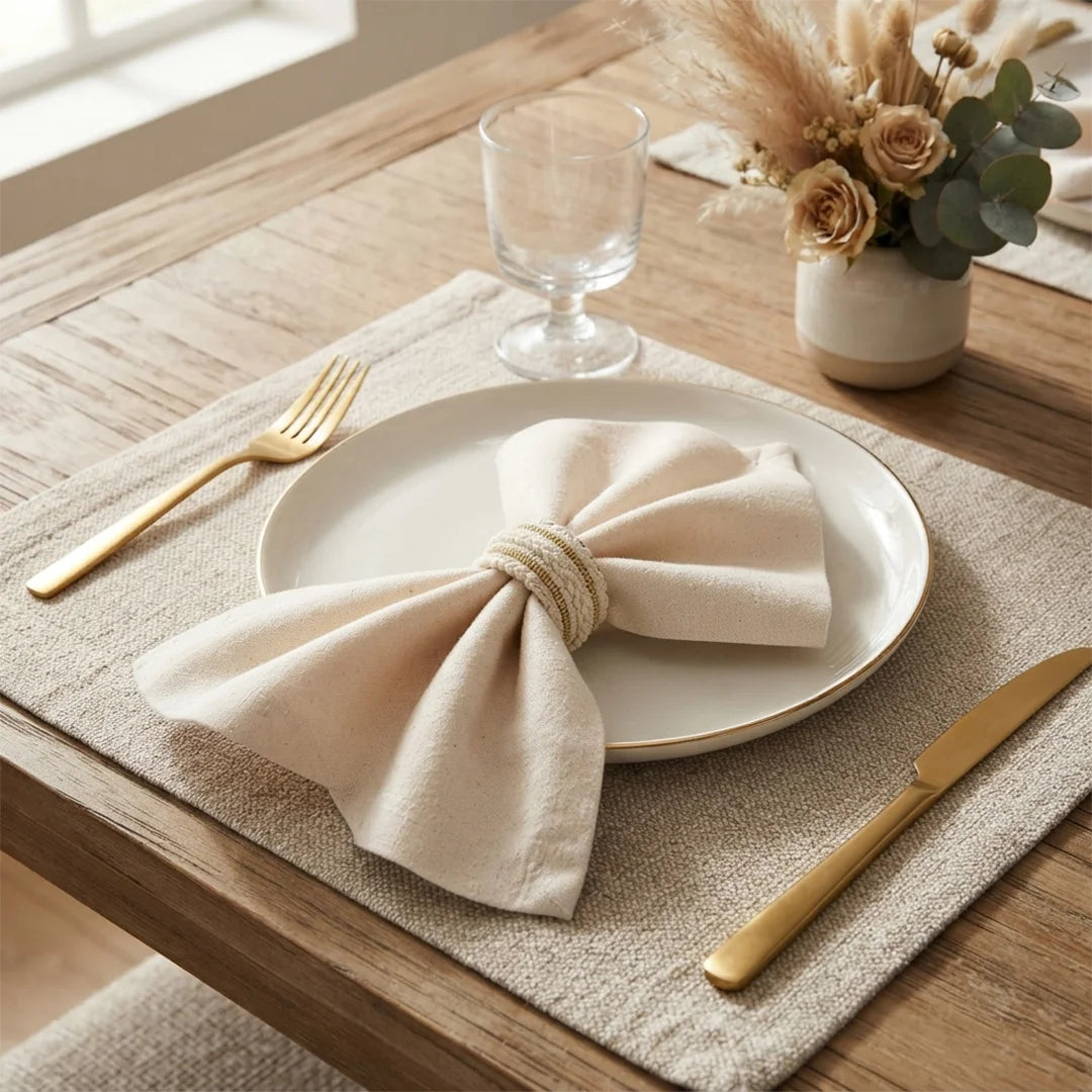 Artisanal Ivory & Gold Braided Napkin Rings – Set of 6, 5 cm