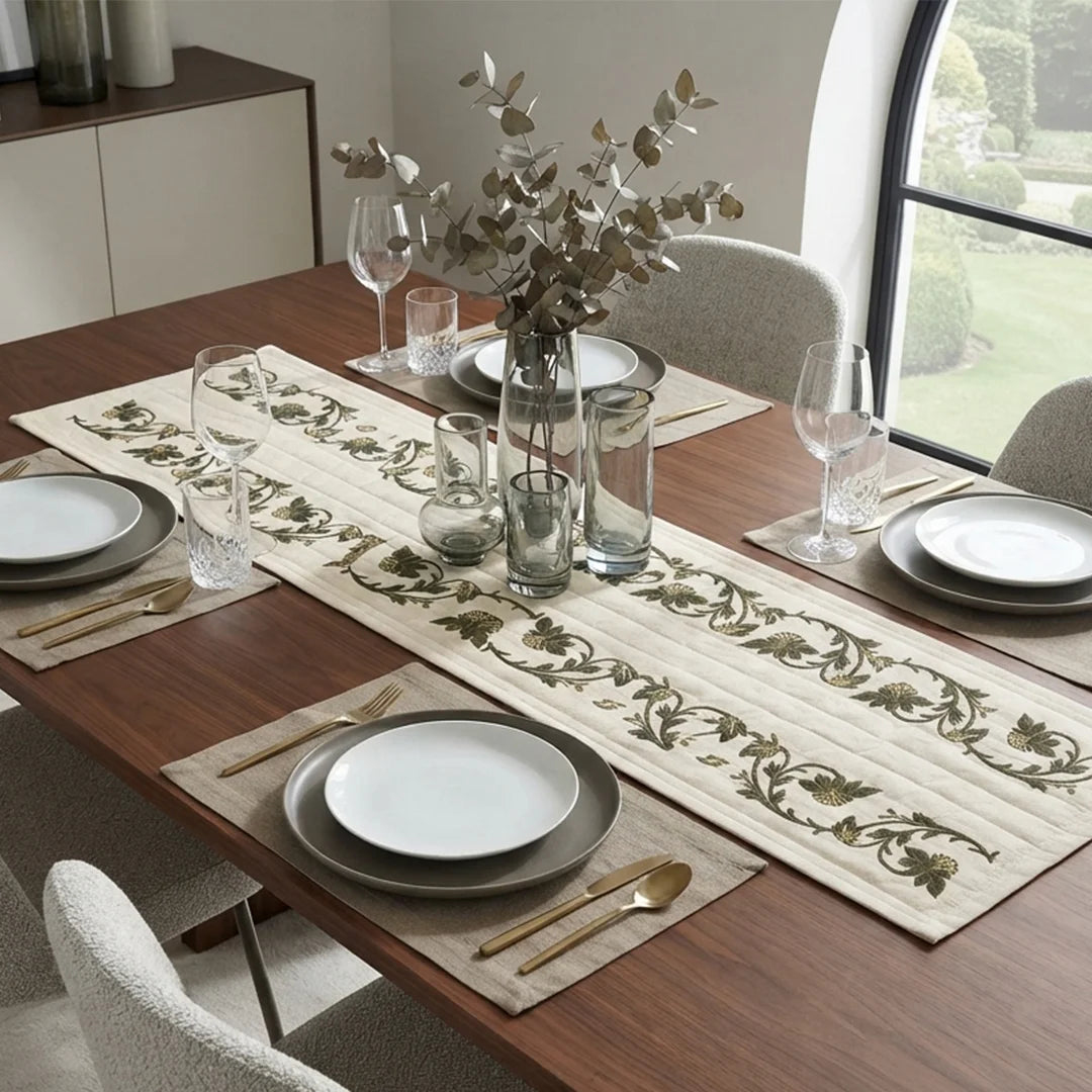 TR RUB 001B Artisanal Botanical Vine Embroidered Table Runner – 180 × 34 cm