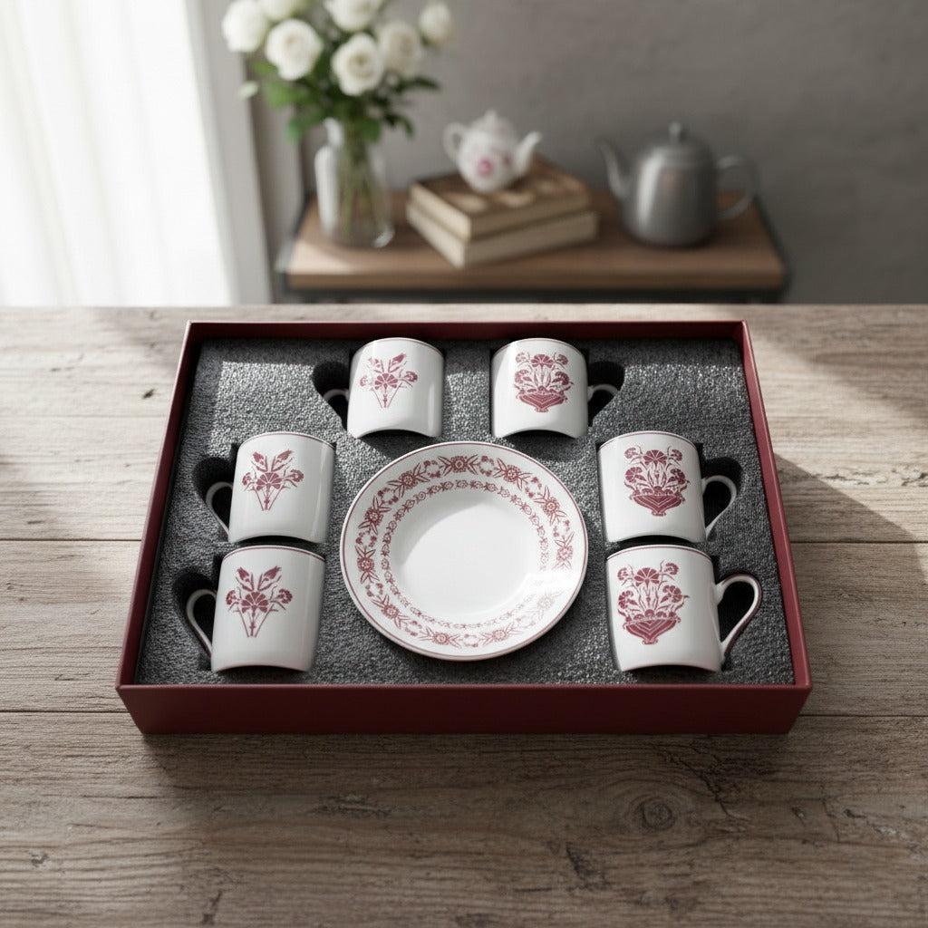 EM-006 Cup & Saucer Set of 6 80 cc Burgundy Rim