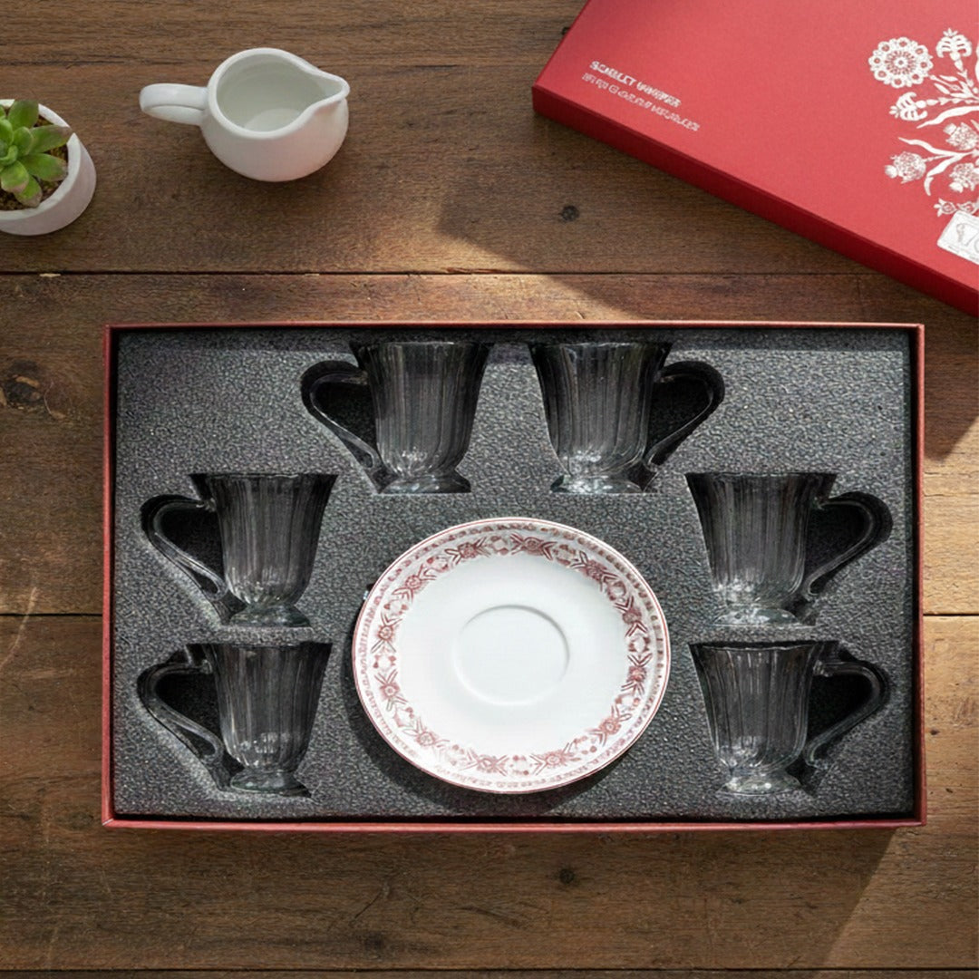 EM-011 Glass Cup & Saucer Set of 6 Burgundy Rim