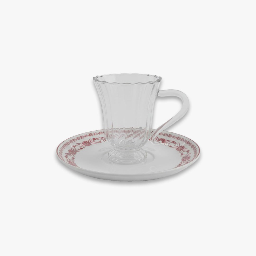 EM-011 Glass Cup & Saucer Set of 6 Burgundy Rim