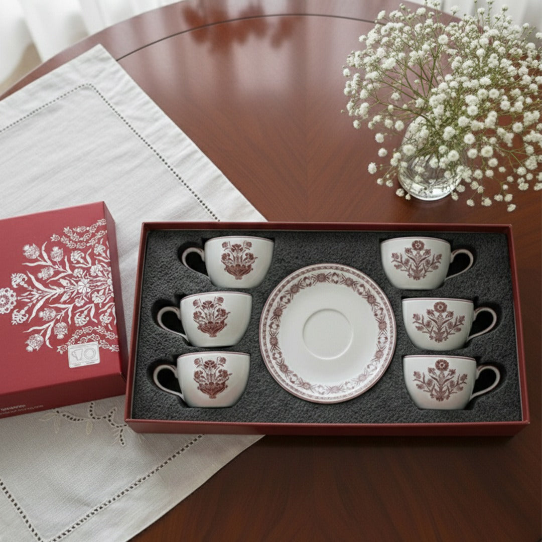 EM-008 Cup & Saucer Set of 6 200 cc Burgundy Rim