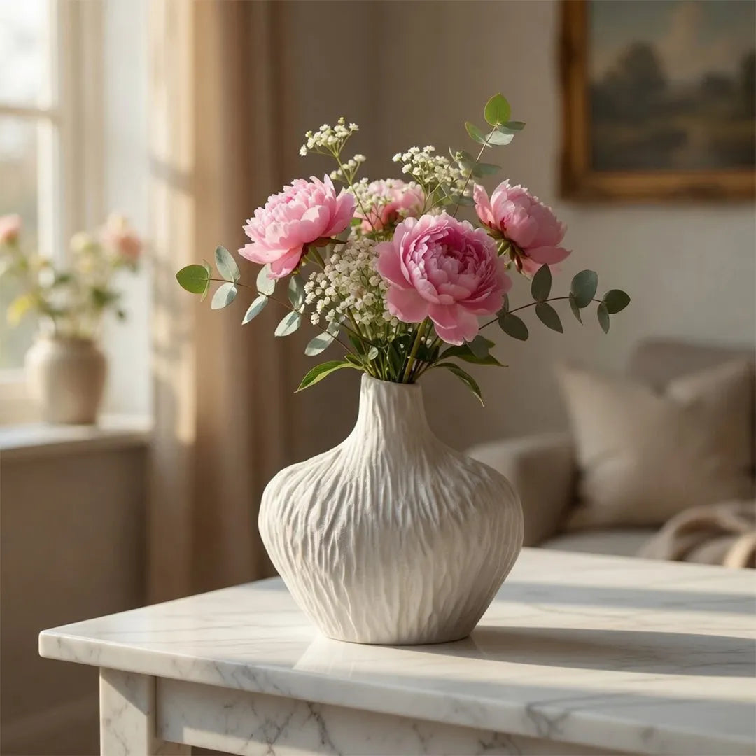 XXT91 Textured Wave Ceramic Flower Vase Ivory 20cm