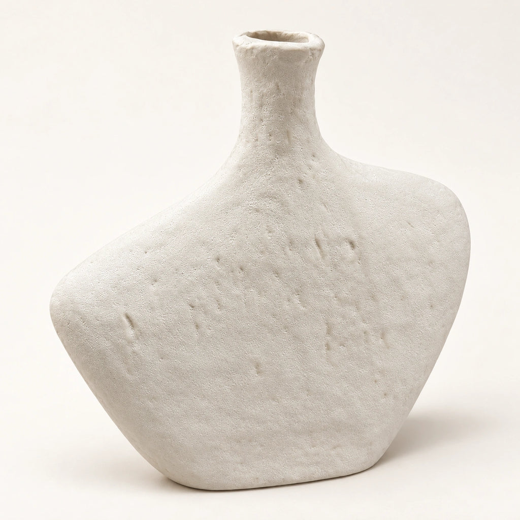Off-white textured asymmetric oval decor vase, full angled view